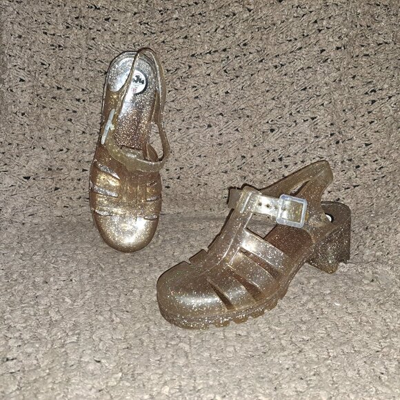 JUJU BABE-Heeled Jelly Sandals-Gold Glitter-UK 5-US 7-Near Mint - Picture 1 of 8